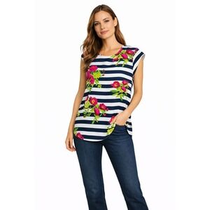 Charlie Floral Striped Blouse‎ Womens L Navy White Pink Sleeveless Top